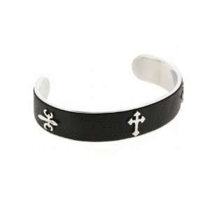  Stainless Steel Cuff Bangle Bracelet with Leather, Cross 