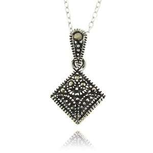    Sterling Silver Small Marcasite Square Charm Pendant: Jewelry