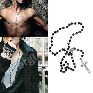 Mens Beckham Cross Pendant Black Rosary Beads Necklace  