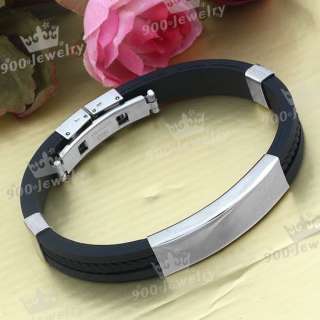 Cool Men Boys Silver Stainless Steel Black Rubber Bracelet 8L Cuff 