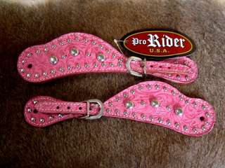   LEATHER PINK FLORAL WESTERN SPUR STRAPS BARREL SILVER TACK RODEO SS27