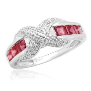  White Gold Created Ruby Band and Round Diamonds Center Overlap Ring 