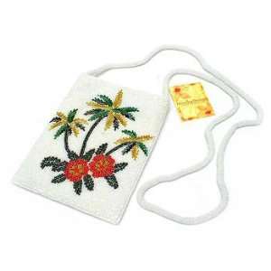 com Hawaiian Coconut Tree and Hibiscus Flower Glass Bead White Purse 