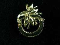 Vintage Gold Lily Green Stone Faux Pearl Pin Brooch  