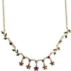   Enamel Flowers And Rhinestones Necklace In Pink with Silver Finish