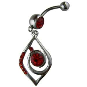  Red Crystal CZ Dangle Belly Button Navel Ring Bar Silver 