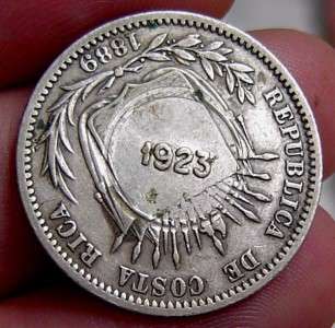 1923 COSTA RICA   50 CENTS C/S on 25 CENTS 1889 SILVER  