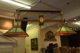   OAK BRASS MISSION LARGE BILLIARD LAMP TABLE POOL LIGHT C1920  