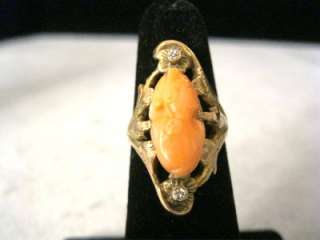   GOLD RED CORAL CAMEO & OLD CUT DIAMOND RING signed KIRCHBERG  
