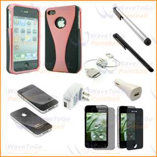 For iPhone 4 4S 7 Accessory Pink Hard Case + Charger + Protector 