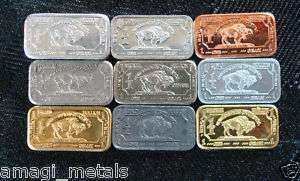 9x 1 Gram Mixed Lot Bullion Buffalo Bars .999   Copper, Nickel 