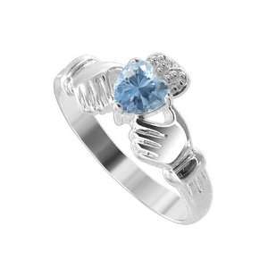 Sterling Silver 5mm Heart Aquamarine Cubic Zirconia Claddagh Ring Size 