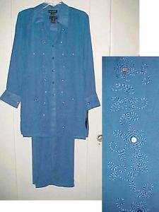 Lovely 3Pc Royal Blue Beads Sheer Duster/Pant Set M NWT  