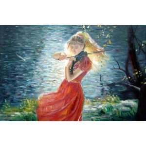 Young Girl with Long Red Skirt Plays Violin Oil Painting 