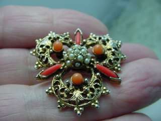 ANTIQUE VINTAGE Gold Gilt SEED PEARLS CORAL PIN  