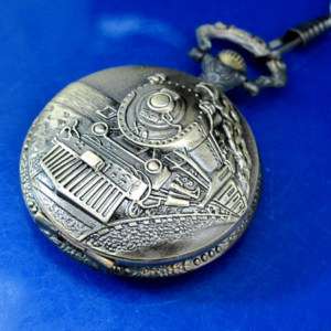 New Bronze Steam Train Case Mens Pocket Watch W/Chain  