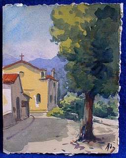WATERCOLOR PAINTING SMALL FRENCH CHURCH AND TREE  