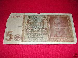 WWII German 5 Marks Bank Note. 5 Reichsbanknote RARE.  