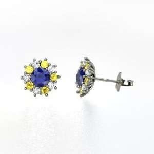 Fireworks Earrings, Round Sapphire Sterling Silver Stud Earrings with 