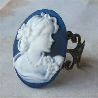Vintage Blue Lady Portrait Cameo Antique Filigree Ring  