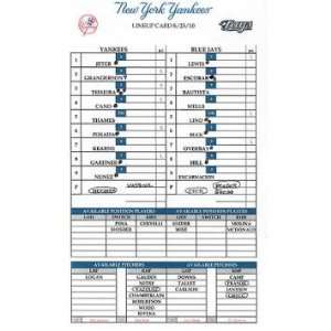  Yankees at Blue Jays 8 25 2010 Game Used Lineup Card 