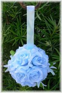   BLUE ROSE BALLS Pew Bow Wedding Silk Flower Girl Pomander Kissing Ball