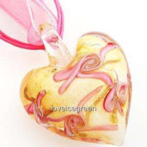 Gold Foil Pink Heart Lampwork Glass Pendant Necklace  