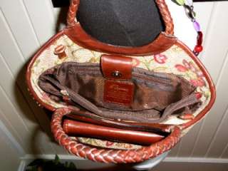 FOSSIL Burgundy Green Beige Tapestry Cognac Brown Braided Leather Tote 