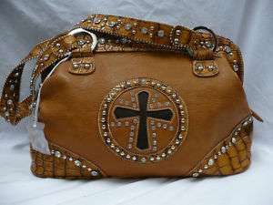 Western Rhinestone Cowhide Cross Brown Purse Handbag  