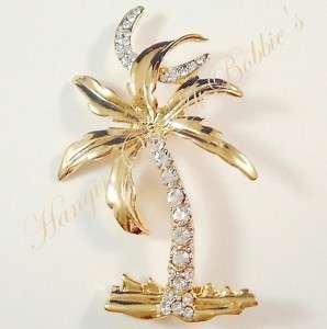 PALM TREE Clear Crystal Crescent Moon Pin Brooch  