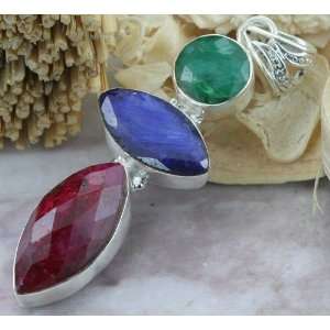   Sterling Silver Created RUBY, EMERALD, SAPPHIRE Pendant, 2.38, 9.83g