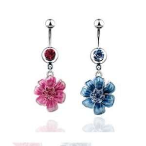  Navel ring with dangling jeweled flower, blue Jewelry
