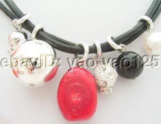 Beautiful! Pearl&Coral&Onyx Necklace&Bracelet Set  