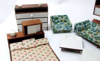 Vintage DOLLHOUSE FURNITURE Mid Century Modern Living Room Bed  