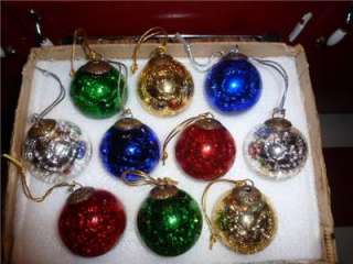 10 Crackle Glass Ornaments Blue,Green,Gold,Red,Silver  