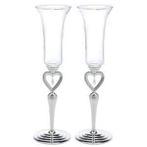 Silver Plated Open Heart & Jewel Drop Stem Wedding Champagne Flutes