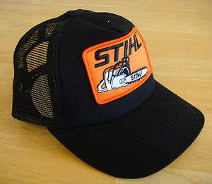 Stihl Black Trucker Style Hat / Cap with Orange Chainsaw Stihl Patch 