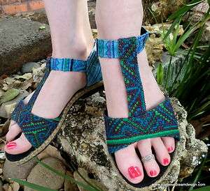 Bright Blue Repurposed Hmong Embroidery & Batik T Strap Sandals  
