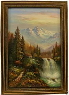 Mountain Waterfall Landscape House FRAMED OIL PAINTING  