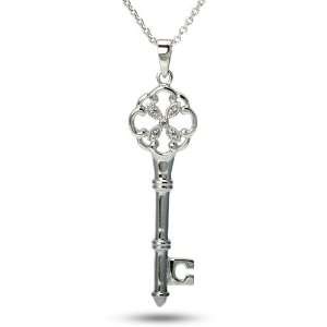    Flower Center Cubic Zirconia Sterling Silver Key Necklace Jewelry