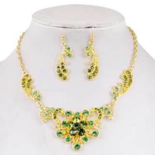 Necklace Earrings Set Flower Plume Theme Golden Czech Rhinestone 