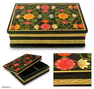 MIDNIGHT MAGIC~Hand Painted Floral/Black Wood JEWELRY BOX~NOVICA India 