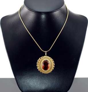   Citrine Amber Glass Stone 2 Oval Mesh Pendant Chain Necklace  