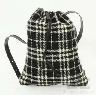   Black & Ivory Wool Check & Leather Trim Drawstring Backpack  