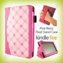 Skinny Retro Pink Plaid Stand Case w/ Hand Strap for  Kindle 