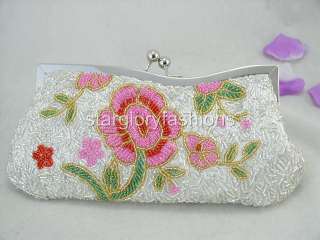 Chic Silver Beaded Pink Flower Band Frame Clutch Purse 5 Colors  