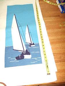 new vintage blue sailboat fabric panel canvas 70s mint  