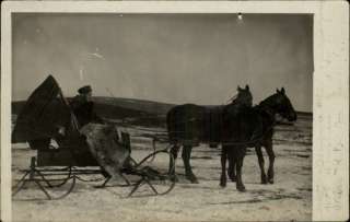Horse Drawn Sleigh Man w/ Fur   Cooperstown ND Cancel Real Photo 