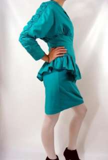 vintage 80s New Wave Glam TEAL TURQUOISE Peplum Skirt Ruched Cropped 