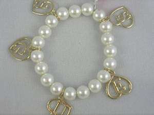 Guess Gold Faux Pearl Signature Charm Stretch Bracelet  